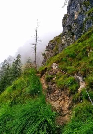 Pfad im mittleren Teil des Klettersteig auf den Grünstein in Berchtesgaden