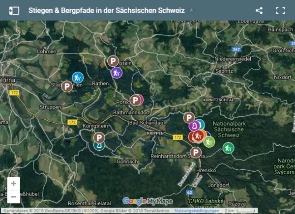 Übersichtskarte mit Stiegen und Bergpfaden in der Sächsischen Schweiz