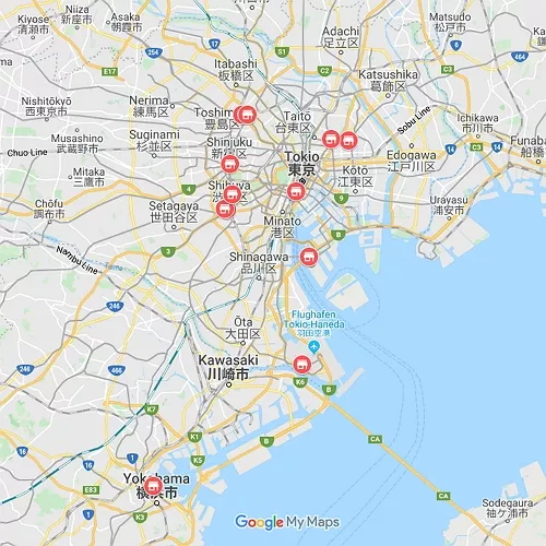 Karte mit Hello Kitty Stores in Tokio