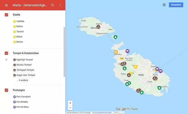 Google Maps Karte Malta mit Sehenswürdigkeiten
