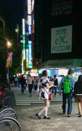 Maid bei Nacht auf Straße in Akihabara