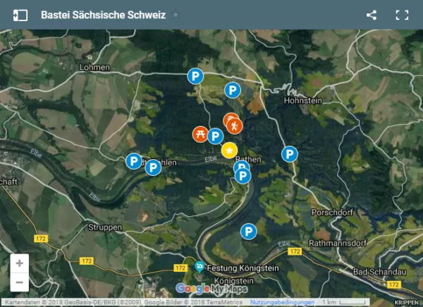 Karte mit Parkplätzen bei der Bastei in der Sächsischen Schweiz bei Dresden