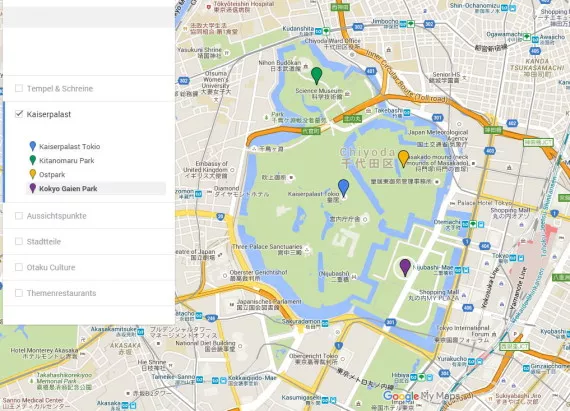 Hier findet man die jeweiligen Gebiete rund um den Kaiserpalast. Hier findest du eine größere Karte von Tokio.