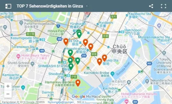 Google Maps Karte Highlights in Ginza in Tokio