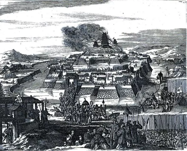 Kupferstich vom Brand im Osaka Castle 1663