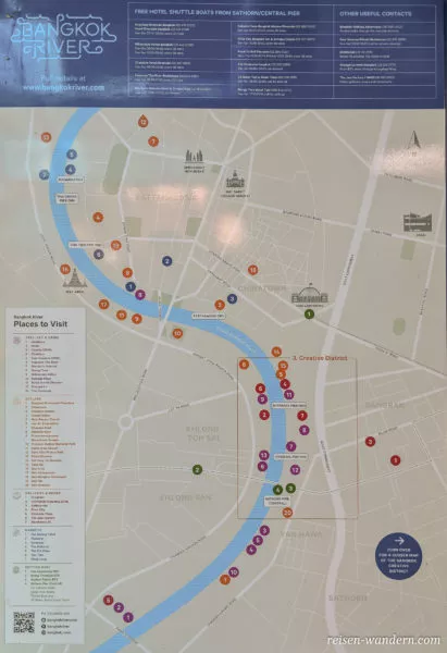 Übersichtskarte mit wichtigen Sehenswürdigkeiten am Chao Phra