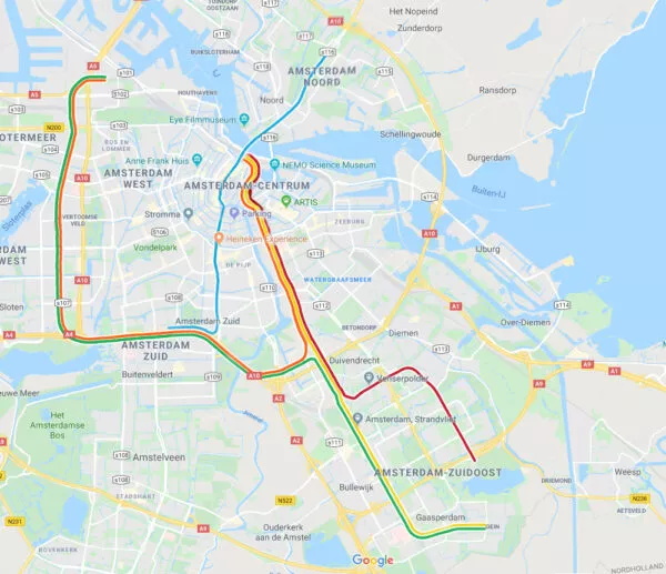 Linienplan der Metro von Amsterdam auf Google Maps