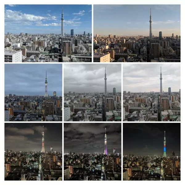 Collage vom Skytree in Tokio zu verschiedenen Tageszeiten
