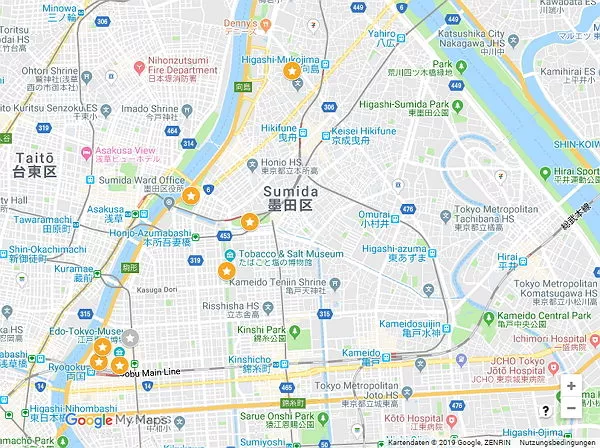 Google Maps Karte mit Sehenswürdigkeiten in Tokio Sumida