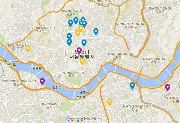 Google Maps Karte von Seoul mit den wichtigsten Sehenswürdigkeiten