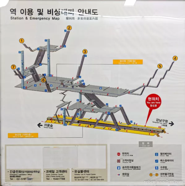 Infokarte zur Lage der U-Bahn Station und aller Notausgänge in Seoul