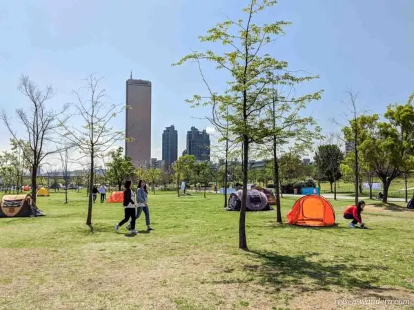 Camping im Park an der Uferpromenade beim 63 Square