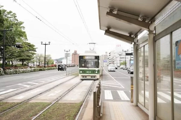 Eine grün-weiße Tram fährt gerade an einer Haltestelle ein 