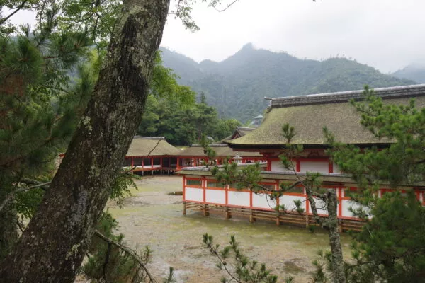 Eine Schreinanlage auf Miyajima aus größtenteils rot gestrichenem Holz, die auf Stelzen im Wasser steht