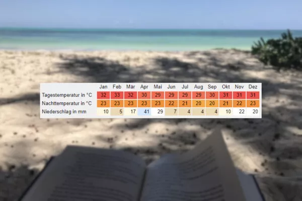 Ein Strand auf Sansibar, an dem jemand ein Buch liest und im Vordergrund die Klimatabelle